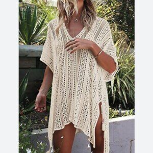 Ivory Crochet Beach Cover Up - Summer Tunic Crochet Knit Mini Dress